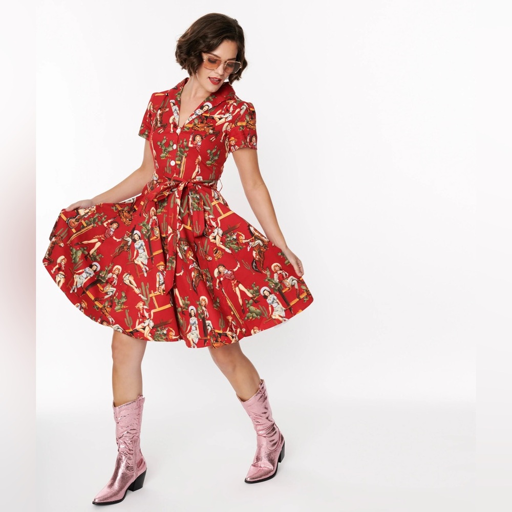 Red & Cowgirl Print Swing Shirt Dress - 3X